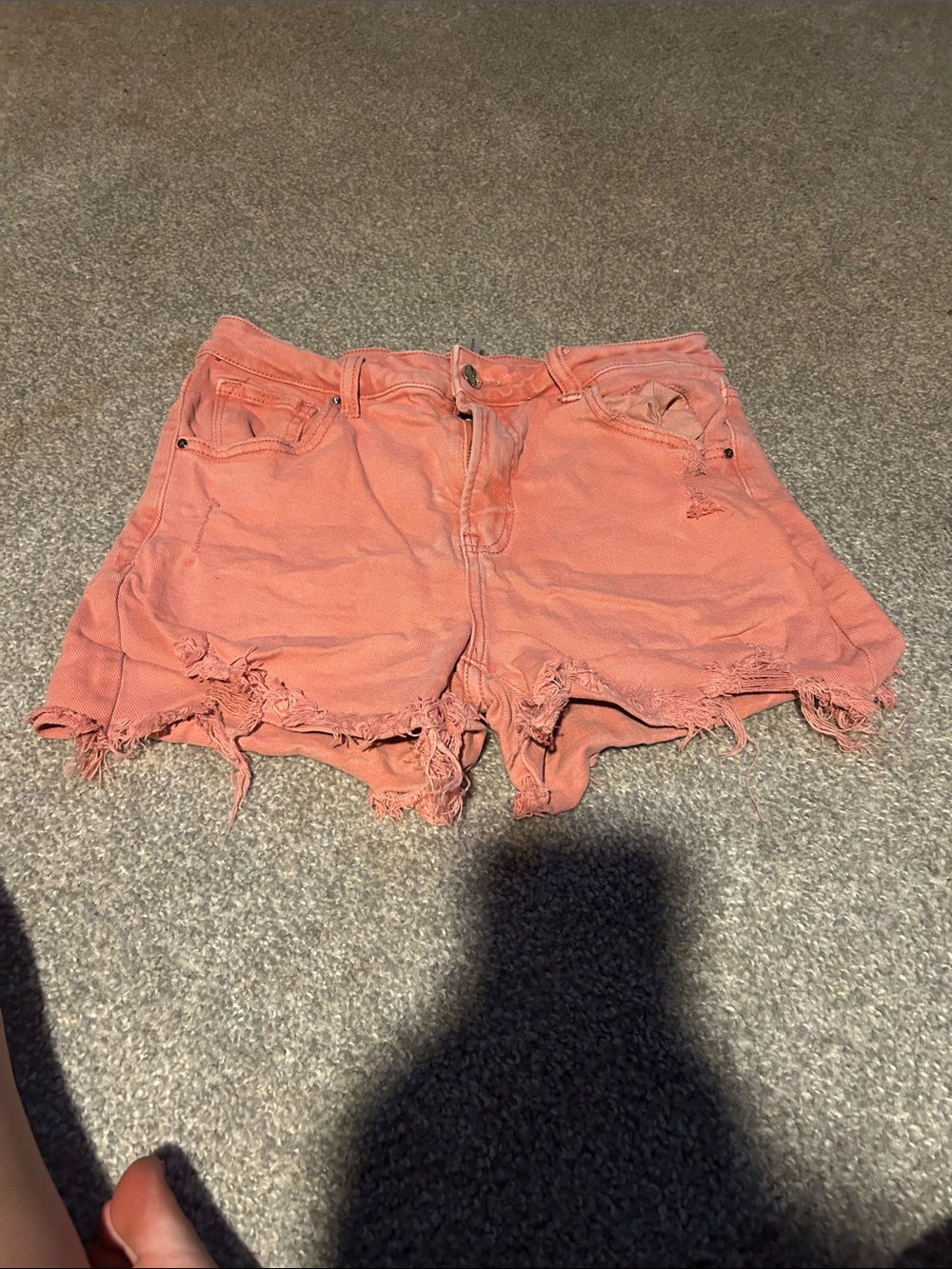 High-Rise Coral Distressed Denim Shorts